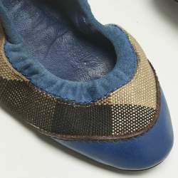Pre Owned Burberry Blue/Beige Check Canvas and Suede Scrunch Ballet Flats Size 37
