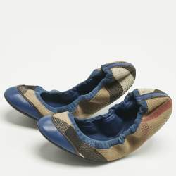 Pre Owned Burberry Blue/Beige Check Canvas and Suede Scrunch Ballet Flats Size 37