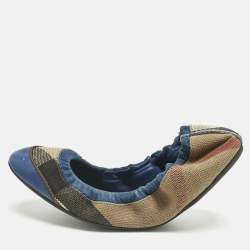 Pre Owned Burberry Blue/Beige Check Canvas and Suede Scrunch Ballet Flats Size 37