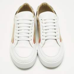 Pre Owned Burberry White/Beige Leather and House Check Canvas Salmond Sneakers Size 40