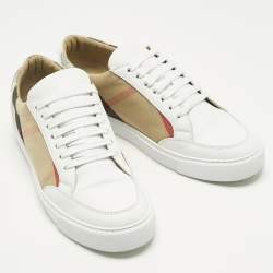 Pre Owned Burberry White/Beige Leather and House Check Canvas Salmond Sneakers Size 40
