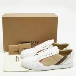 Pre Owned Burberry White/Beige Leather and House Check Canvas Salmond Sneakers Size 40