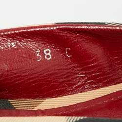 Pre Owned Burberry Red/Beige Patent Leather and Nova Check Canvas Scrunch Ballet Flats Size 38