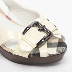 Pre Owned Burberry Cream Patent Leather Buckle Embellished Slingback Sandals Size 37