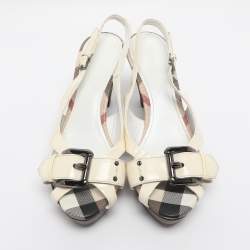 Pre Owned Burberry Cream Patent Leather Buckle Embellished Slingback Sandals Size 37