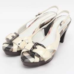Pre Owned Burberry Cream Patent Leather Buckle Embellished Slingback Sandals Size 37