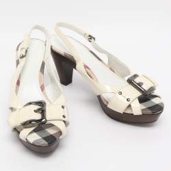 Pre Owned Burberry Cream Patent Leather Buckle Embellished Slingback Sandals Size 37