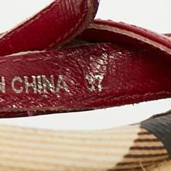 Pre Owned Burberry Burgundy/Beige Check Canvas and Patent Leather Espadrille Wedge Sandals Size 37