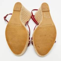 Pre Owned Burberry Burgundy/Beige Check Canvas and Patent Leather Espadrille Wedge Sandals Size 37
