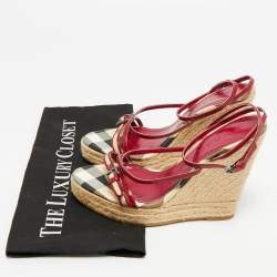 Pre Owned Burberry Burgundy/Beige Check Canvas and Patent Leather Espadrille Wedge Sandals Size 37