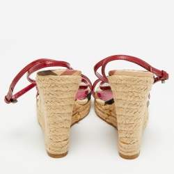 Pre Owned Burberry Burgundy/Beige Check Canvas and Patent Leather Espadrille Wedge Sandals Size 37