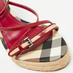 Pre Owned Burberry Burgundy/Beige Check Canvas and Patent Leather Espadrille Wedge Sandals Size 37