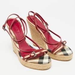 Pre Owned Burberry Burgundy/Beige Check Canvas and Patent Leather Espadrille Wedge Sandals Size 37