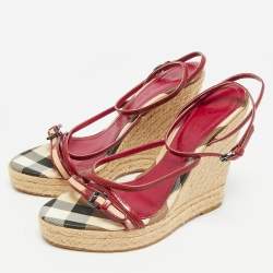Pre Owned Burberry Burgundy/Beige Check Canvas and Patent Leather Espadrille Wedge Sandals Size 37