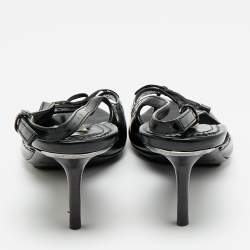 Pre Owned Burberry Black Leather Brogue Bow Open Toe Slingback Sandals Size 37