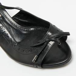 Pre Owned Burberry Black Leather Brogue Bow Open Toe Slingback Sandals Size 37