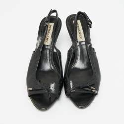 Pre Owned Burberry Black Leather Brogue Bow Open Toe Slingback Sandals Size 37