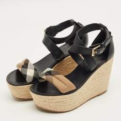 Pre Owned صندل كعب روكي بربري إسبادريل كانفاس كاروهات نوفا وجلد أسود بنعل سميك مقاس 38.5