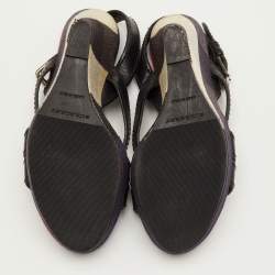 مملوكة مسبقًا Burberry Warlow Size 39 Black Leather and Nova Check Canvas Platform Wedge Sandals