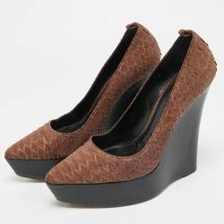 Pre Owned Burberry Size 39 Brown Python Leather Platform Wedge Pumps