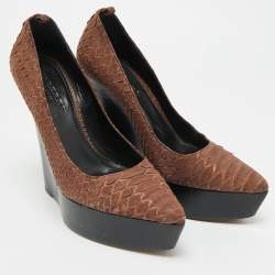 Pre Owned Burberry Size 39 Brown Python Leather Platform Wedge Pumps