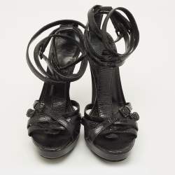 مملوكة مسبقًا Burberry Size 37 Black Lizard Embossed Leather Ankle Strap Sandals