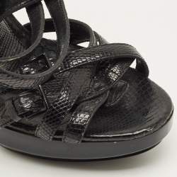 مملوكة مسبقًا Burberry Size 37 Black Lizard Embossed Leather Ankle Strap Sandals