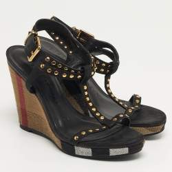 Pre Owned صندل بربري كعب خوص حزام حذاء جلدي نوبوك أسود مقاس 35