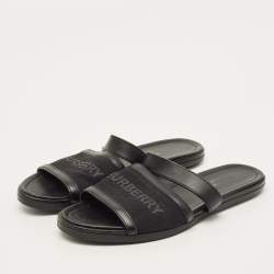 Pre Owned Burberry Black Canvas And Leather Flat Slides Size 38