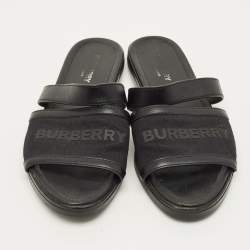 Pre Owned Burberry Black Canvas And Leather Flat Slides Size 38
