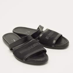 Pre Owned Burberry Black Canvas And Leather Flat Slides Size 38