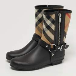 Pre Owned Burberry Check Size 39 Black Leather and Rubber Rain Boots