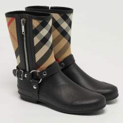 Pre Owned Burberry Check Size 39 Black Leather and Rubber Rain Boots