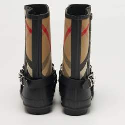 Pre Owned Burberry Check Size 39 Black Leather and Rubber Rain Boots