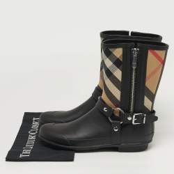 Pre Owned Burberry Check Size 39 Black Leather and Rubber Rain Boots