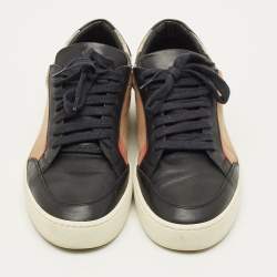 Pre Owned Burberry Check Size 39 Black/Beige House Check Canvas and Leather Lace Up Sneakers