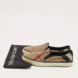 Pre Owned Burberry Gauden Size 38 Black/Beige Nova Check Canvas and Leather Slip On Sneakers