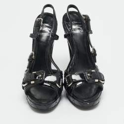 Pre Owned Burberry Size 38 Black Quilted Patent Leather Buckle Detail Platform Slingback Sandals