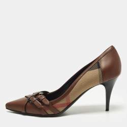 Pre Owned Burberry Size 3 Brown/Beige House Check Canvas and Leather Pointed Toe Buckle Pumps