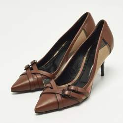 Pre Owned Burberry Size 3 Brown/Beige House Check Canvas and Leather Pointed Toe Buckle Pumps