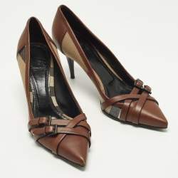 Pre Owned Burberry Size 3 Brown/Beige House Check Canvas and Leather Pointed Toe Buckle Pumps