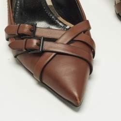 Pre Owned Burberry Size 3 Brown/Beige House Check Canvas and Leather Pointed Toe Buckle Pumps