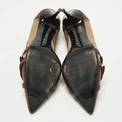 Pre Owned Burberry Size 3 Brown/Beige House Check Canvas and Leather Pointed Toe Buckle Pumps