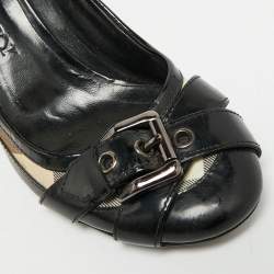Pre Owned Burberry Buckle Size 38.5 Black/Beige Coated Canvas and Patent Leather Pumps