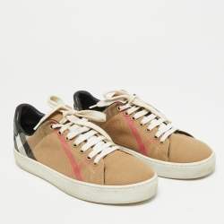 Pre Owned Burberry Gauden Size 38 Beige/Black Nova Check Canvas and Leather Lace Up Sneakers