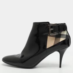 Pre Owned Burberry Size 41 Black Patent And Nova Check Canvas Buckle Detail Ankle Booties 