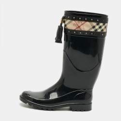Pre Owned Burberry Size 38 Black/Beige Canvas And Rubber Rain Boots 