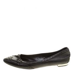 Pre Owned Burberry Black Brogue Leather Wingtip Detail Bow Ballet Flats Size 39.5