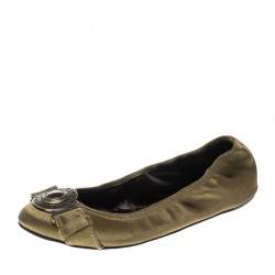 Pre Owned Burberry Green Satin Clasp Ballet Flats Size 37