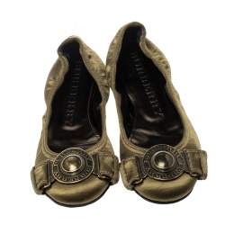 Pre Owned Burberry Green Satin Clasp Ballet Flats Size 37